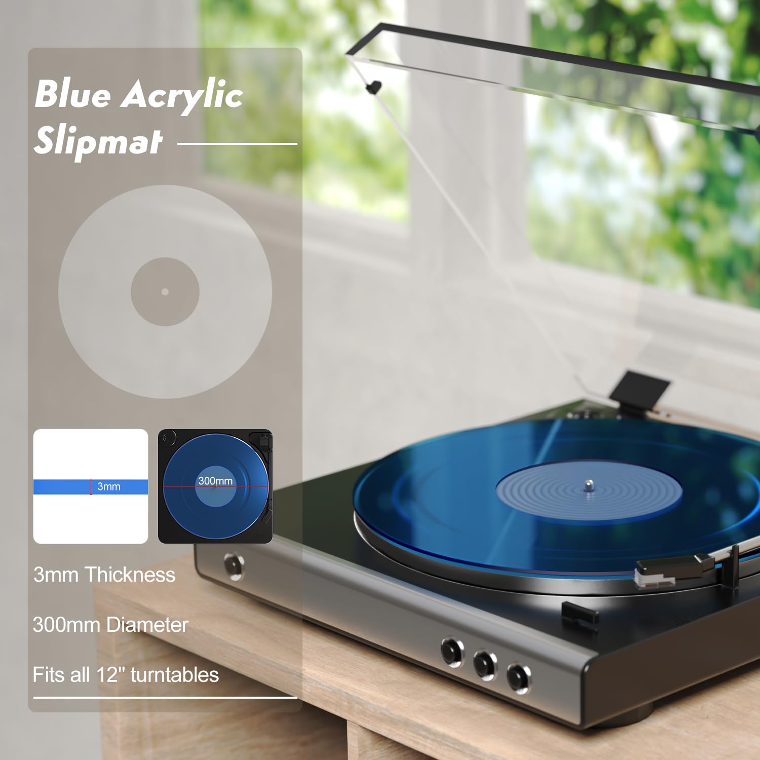 Tapete para Tocadiscos Acrílico Azul Antideslizante y Antiestático para Vinilo