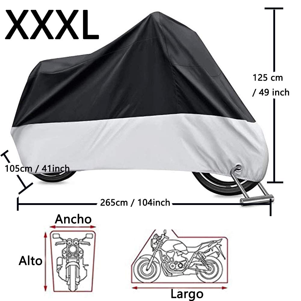 Funda para Motocicleta Impermeable Protector 190T - Polvo, Lluvia, escombros y Cubierta Resistente al Agua con protección UV para Motocicletas como Yamaha, Suzuki, Harley Honda(XXXL Negro y Plata)
