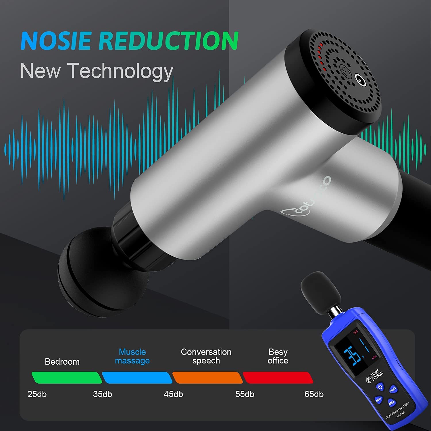 Pistola de Masaje Muscular, Cotsoco Handheld Deep Tissue Massage Gun, Masajeador Muscular de Tejido Profundo para Relajar Los Músculos Aliviar el Dolor, 4 cabezales y 6 Velocidades Ajustables(Plateado)