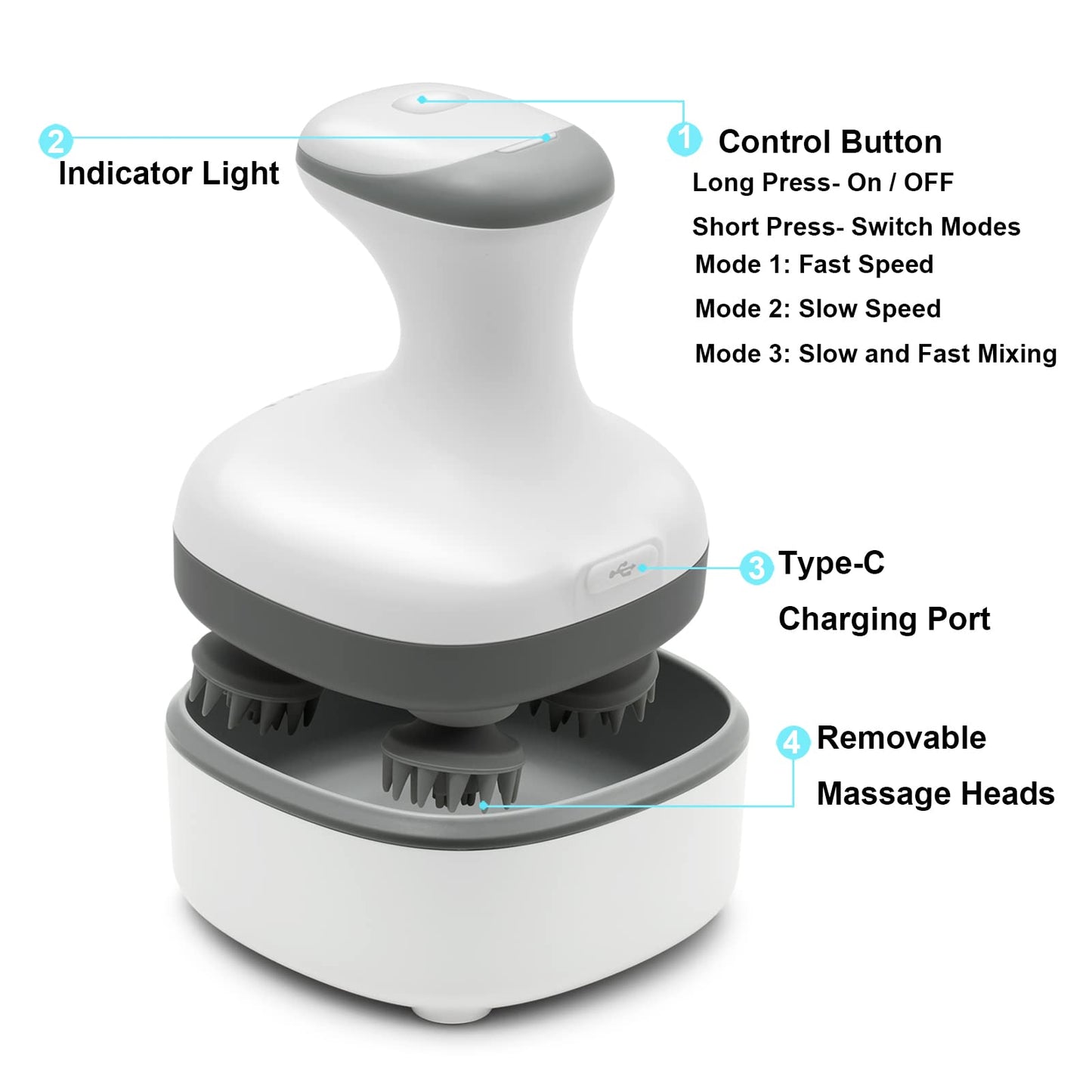 VIVIYA Masajeador de cuero cabelludo eléctrico, masajeador de cabeza portátil recargable con 4 garras de masaje extraíbles, resistente al agua para el cuero cabelludo de mano para masaje de cuerpo completo, crecimiento del cabello y relajación del estrés