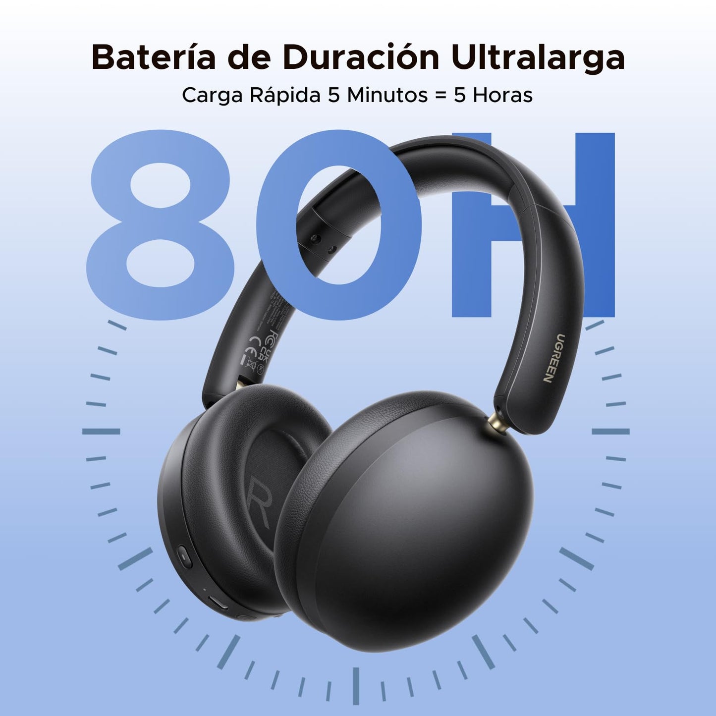 Audífonos Inalámbricos UGREEN Negruzco con Micrófono y Bluetooth 5.4, 40mm Controladores, 243g Ligero, 80 Horas de Reproducción, Gamer, Conexión Dual