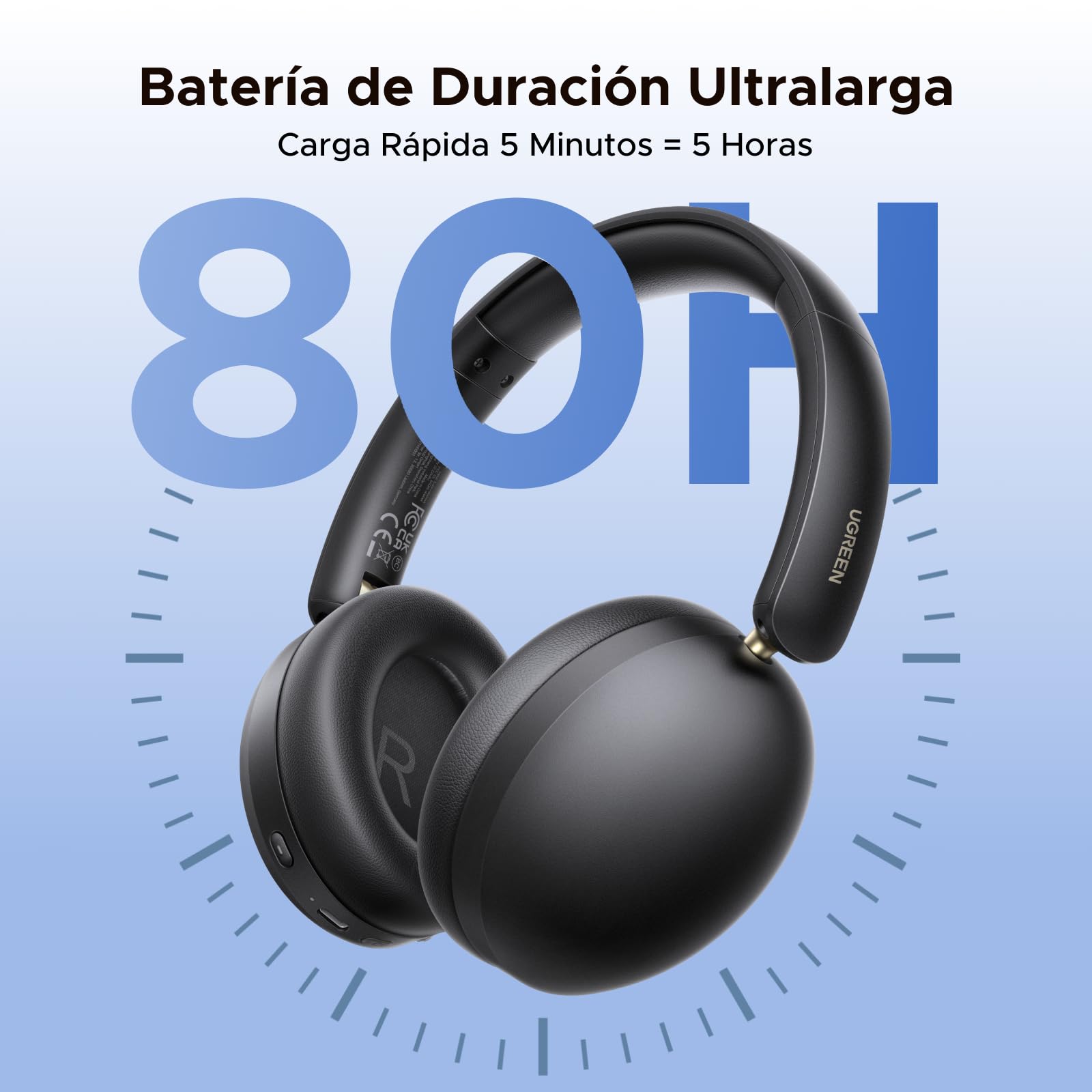 Audífonos Inalámbricos UGREEN Negruzco con Micrófono y Bluetooth 5.4, 40mm Controladores, 243g Ligero, 80 Horas de Reproducción, Gamer, Conexión Dual