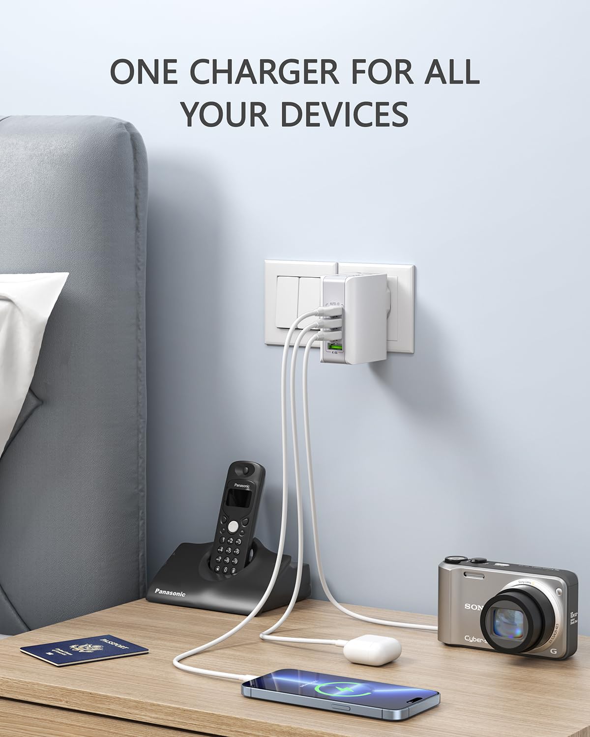 LENCENT Cargador USB, Ladron Enchufes con 4 Puertos USB, 4.4A 5V Adaptador para Viaje, Adaptador de Enchufe Universal UK/USA/EU/AUS para Phone, Celulares, Tabletas y Más