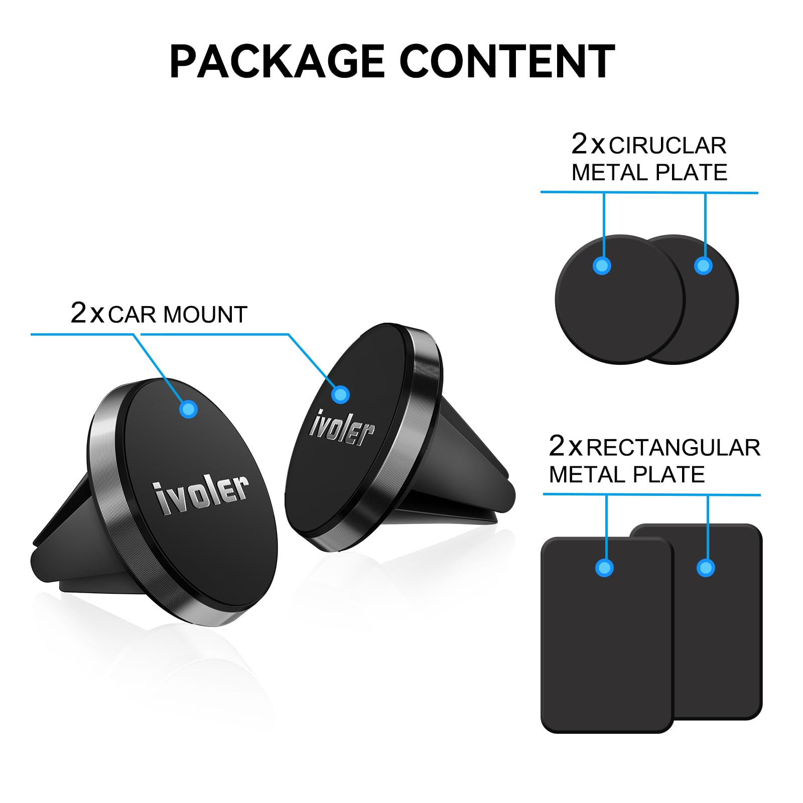 ivoler 2 Pack Soporte Celular Auto Magnético, Porta Base Celular Auto, Iman Coche Móvil para Rejilla del Aire, 360°Rotación, Soporte Magnético Móvil Coche para Smartphone, iPhone, Negro