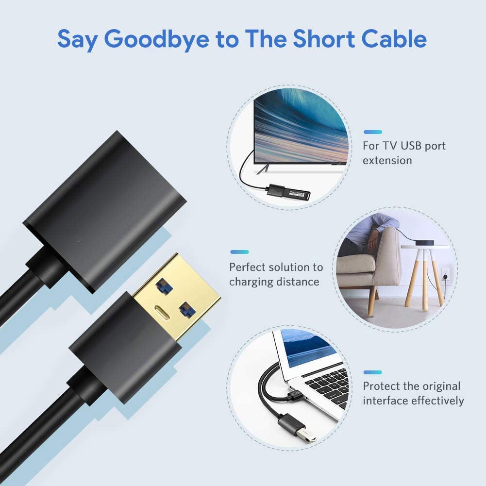 Cable Alargador USB 3.0 1.5M, Cable Extensor Tipo A Macho a Hembra para Conexión entre PC, TV y Periféricos como Impresora, Ratón, PS3, PS4, Nintendo Switch, Teclado, Hub, Pendrive, Xbox, VR Gafas