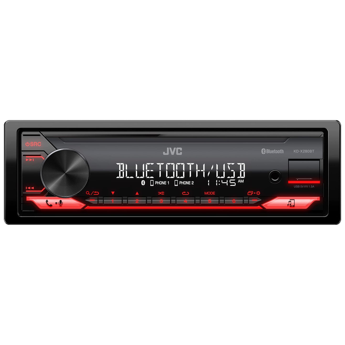 JVC KD-X280BT Bluetooth estéreo de coche con puerto USB - Radio AM/FM, reproductor MP3, LCD de alto contraste, 50 vatios, placa frontal desmontable - DIN único - EQ de 13 bandas