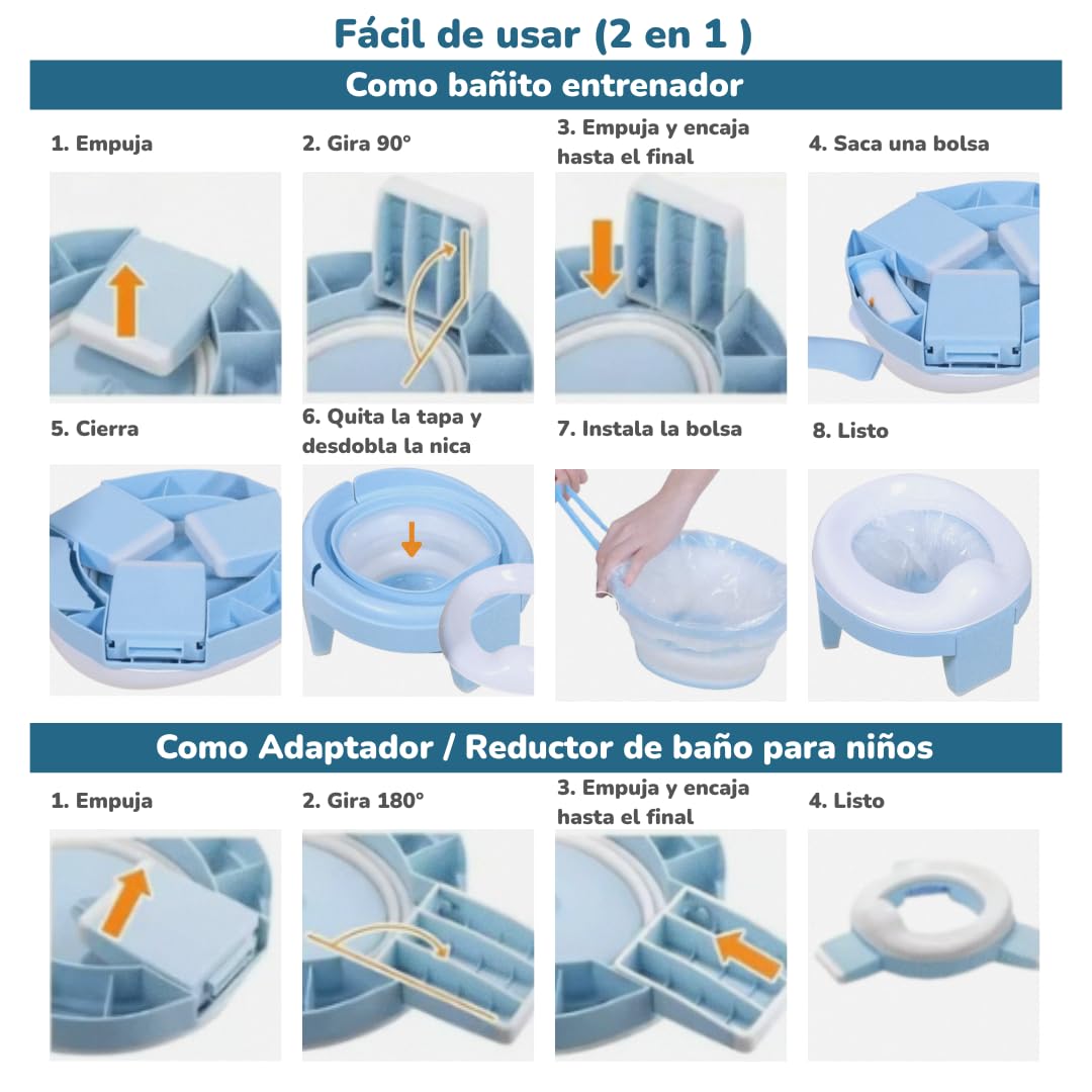 Baño Entrenador Niño 2 en 1 (Bacinica Portátil y Asiento de Inodoro). Para Potty Training. Plegable, Fácil y Seguro, Ideal para Casa, Viajes, Camping. Incluye: Maletita, 5 Rollos de Bolsas (Azul)