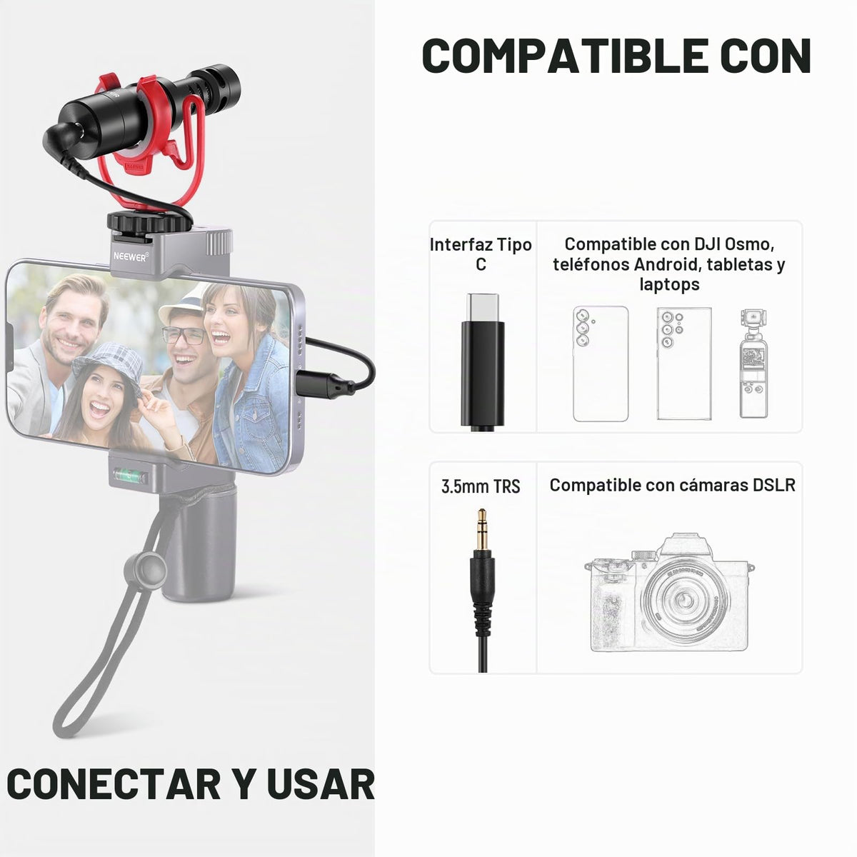 Micrófono Vlog NEEWER Mini Supercardioide con USB C y TRS en Negro para iPhone y Samsung