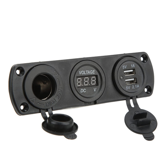 Panel de enchufe de cargador 3 en 1, 12 V, doble USB, toma de corriente, voltímetro digital LED y encendedor de cigarrillos, adaptador divisor hembra para camión, coche, barco, RV, piezas de automóviles