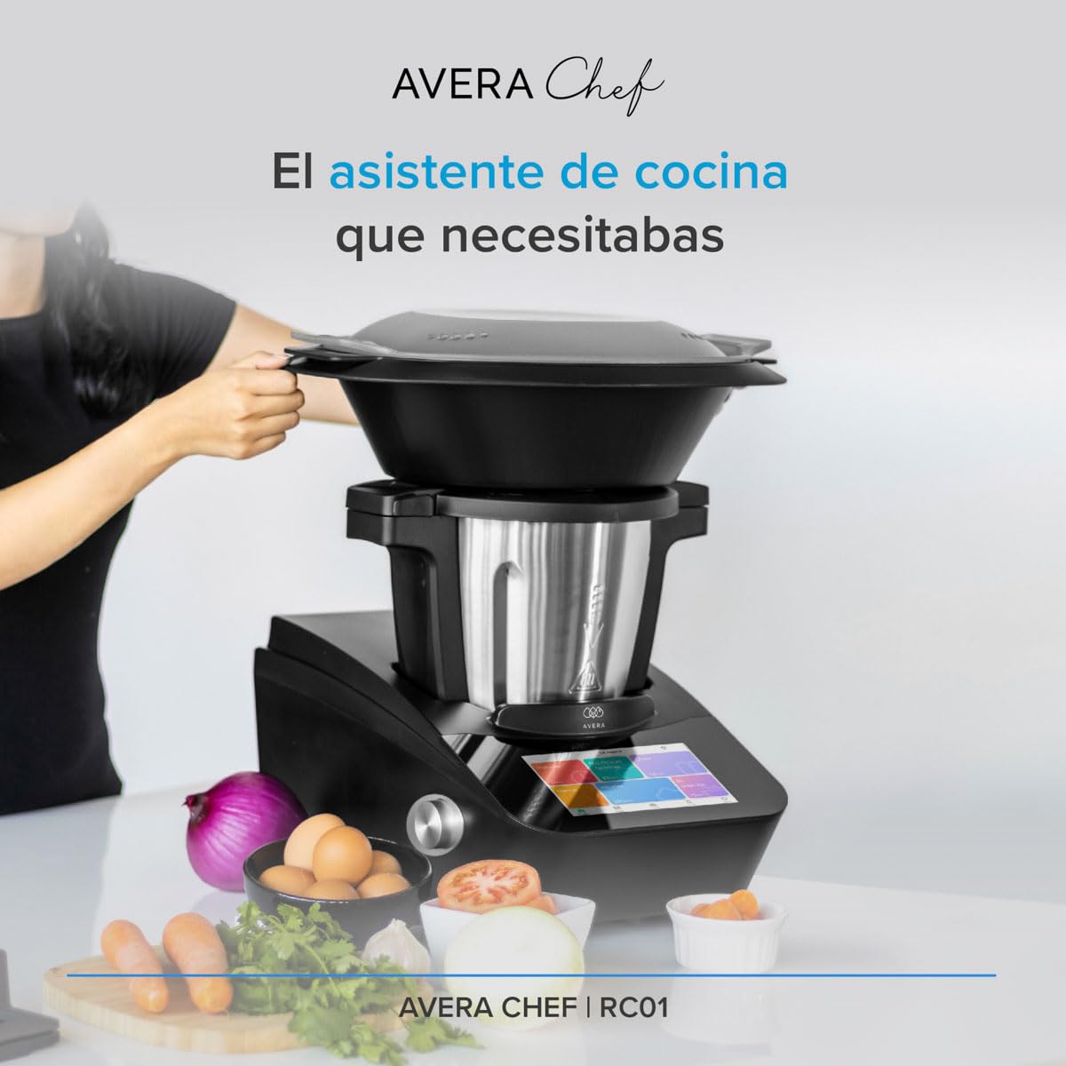 Avera Chef | Robot de Cocina Inteligente WiFi con Báscula y Recetario Digital (+1000 Recetas) | 30 Funciones: Guisar, Batir, Amasar | Pantalla Táctil, Vaporera | Capacidad 4.7 L | RC01