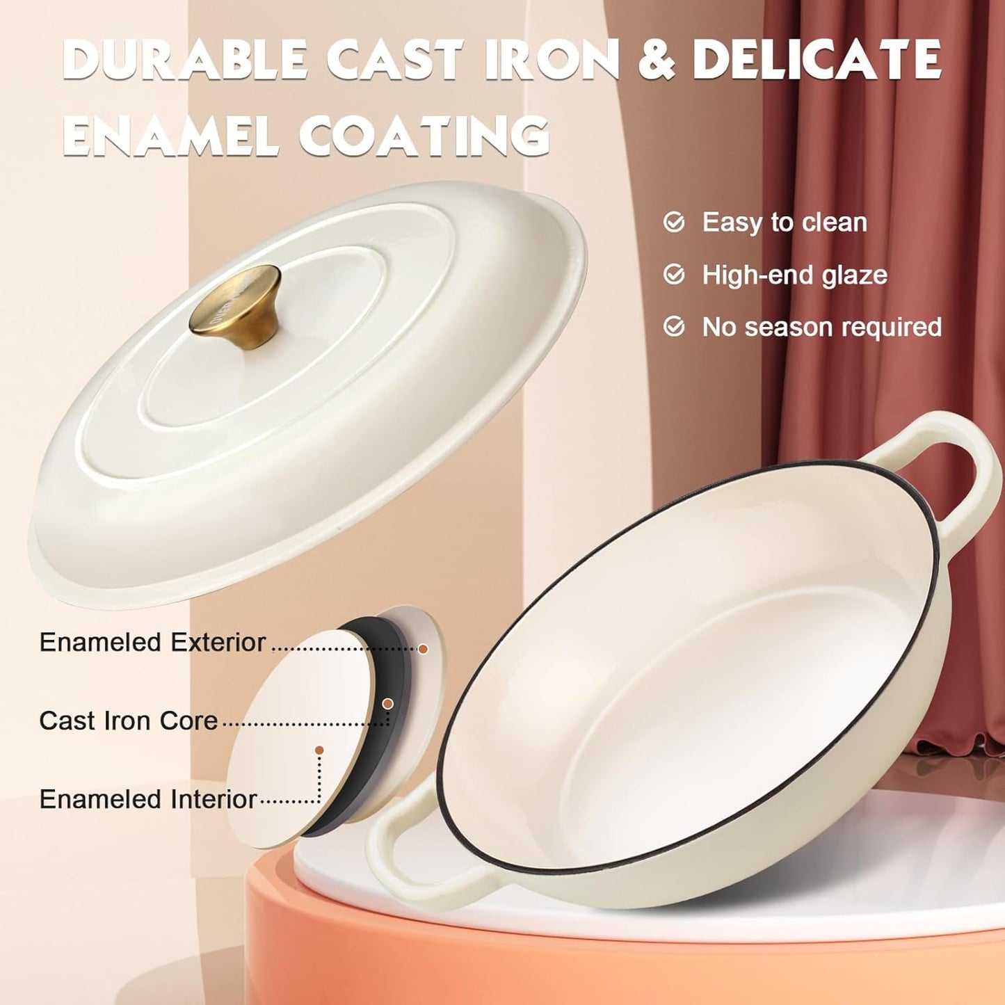 Overmont - Horno holandés de hierro fundido esmaltado - Olla de horno holandés de 3.8 cuartos con tapa, utensilios de cocina poco profundos, cacerola de hierro fundido con libro de cocina y tapas