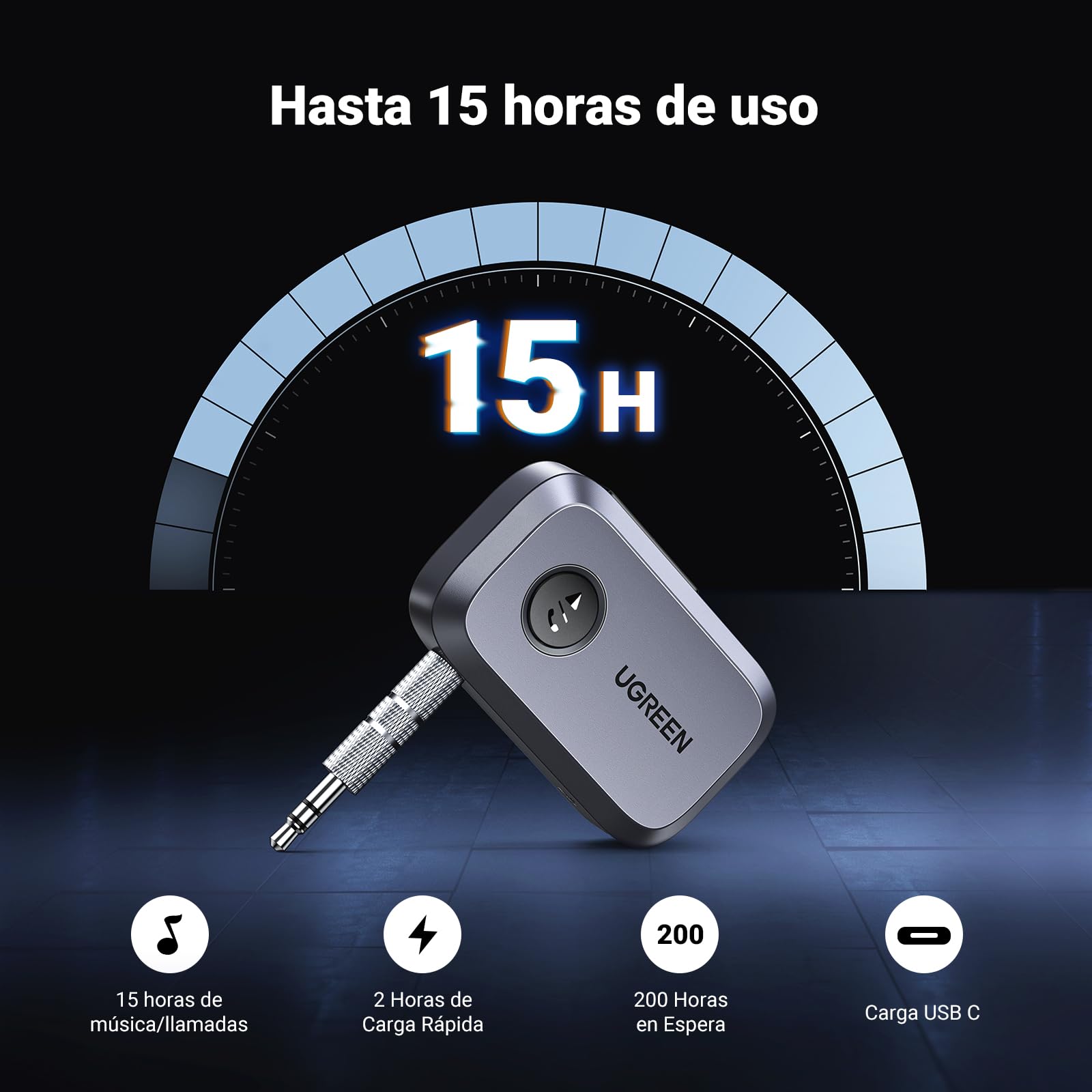 Receptor Bluetooth 5.3 UGREEN Negro con Micrófono para Coche y Llamadas Manos Libres