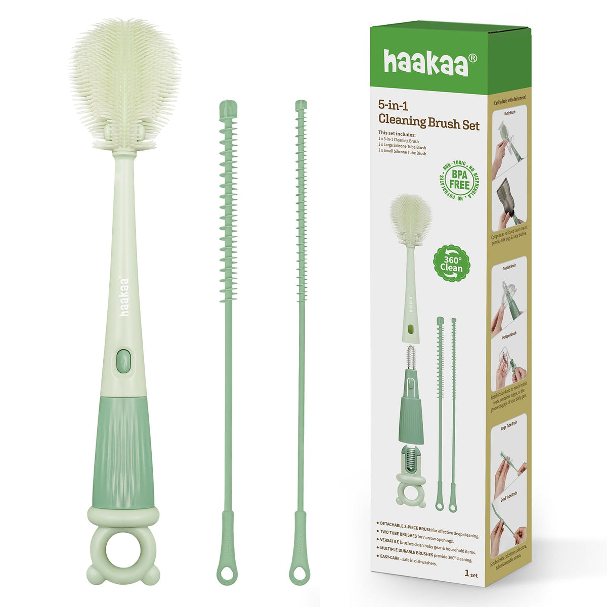 Haakaa - Juego de cepillos de limpieza 5 en 1 – cepillo para polvo de biberones y cepillo para polvo de biberones, limpieza integral multiusos de 360° para bombas de pecho, colector de leche materna