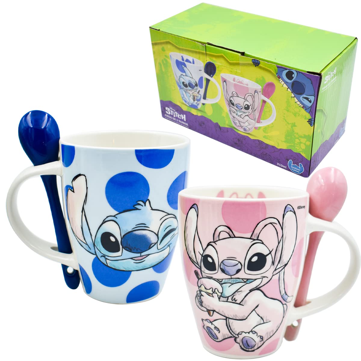 Fun Kids 1738-252 Set de Tazas para Pareja, Taza para Café, Té o Infusiones de Cerámica, Tarro Disney con Diseño Original Stitch y Angel con Cuchara y Caja de Regalo de 410 mililitros, Color Azul y Rosa