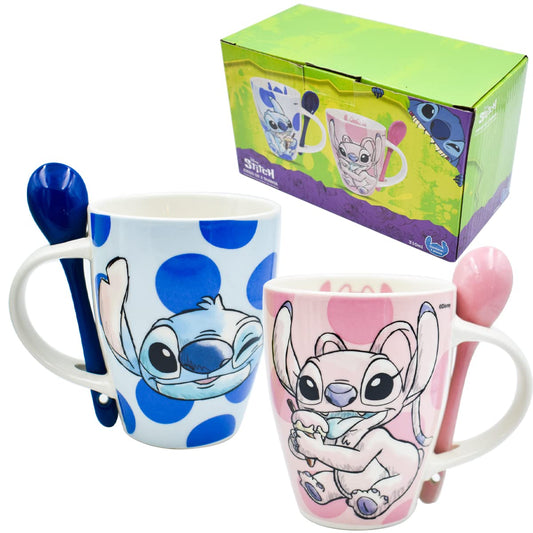 Fun Kids 1738-252 Set de Tazas para Pareja, Taza para Café, Té o Infusiones de Cerámica, Tarro Disney con Diseño Original Stitch y Angel con Cuchara y Caja de Regalo de 410 mililitros, Color Azul y Rosa