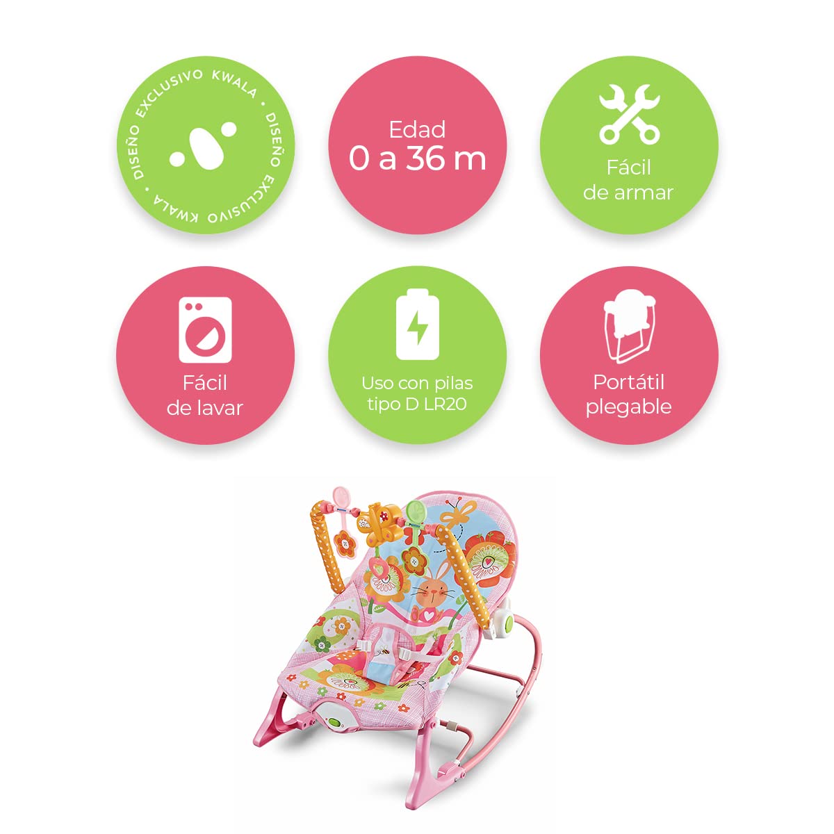 Silla Mecedora Musical Raganet Rosa con Barra de Juguetes Desmontable para Bebés y Niños