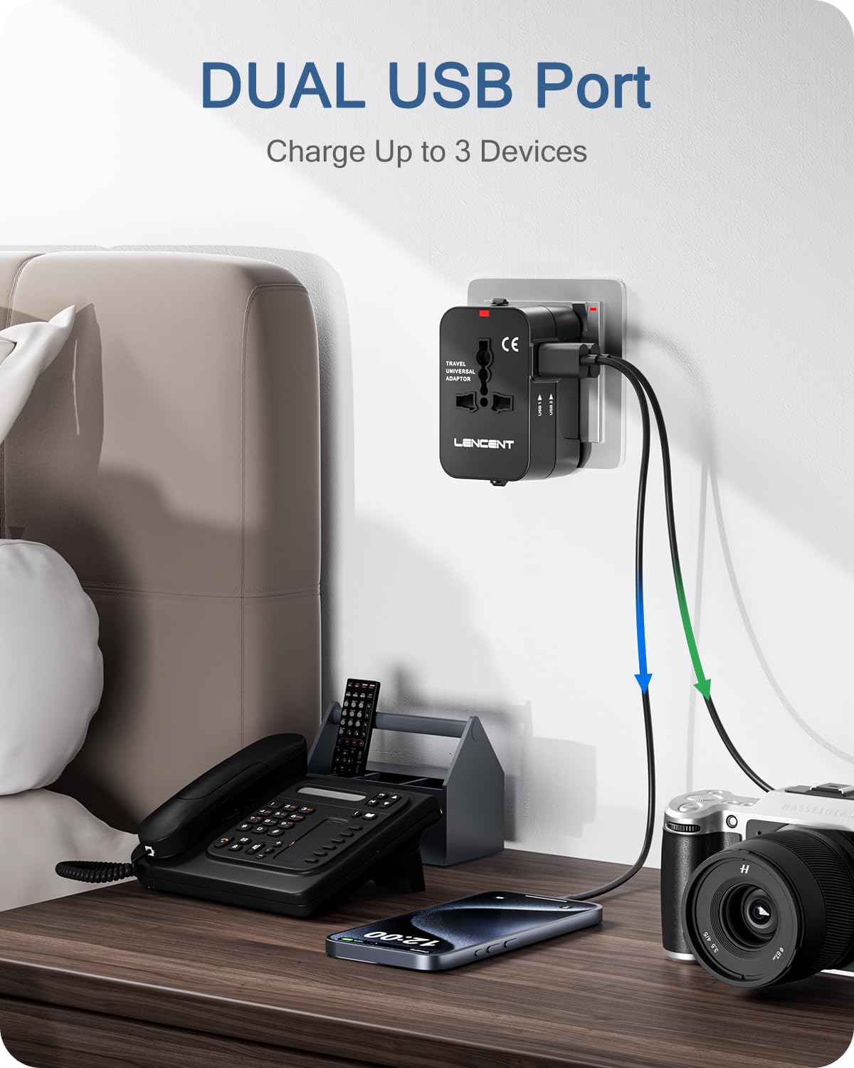 LENCENT Adaptador Universal de Viaje, Todo en Uno Adaptador Enchufe Internacional Tipo A/C/G/I, Convertidor de Enchufe con 2 Puertos USB para Más de 200 Países, Compatible con UE/UK/EEUU/AUS