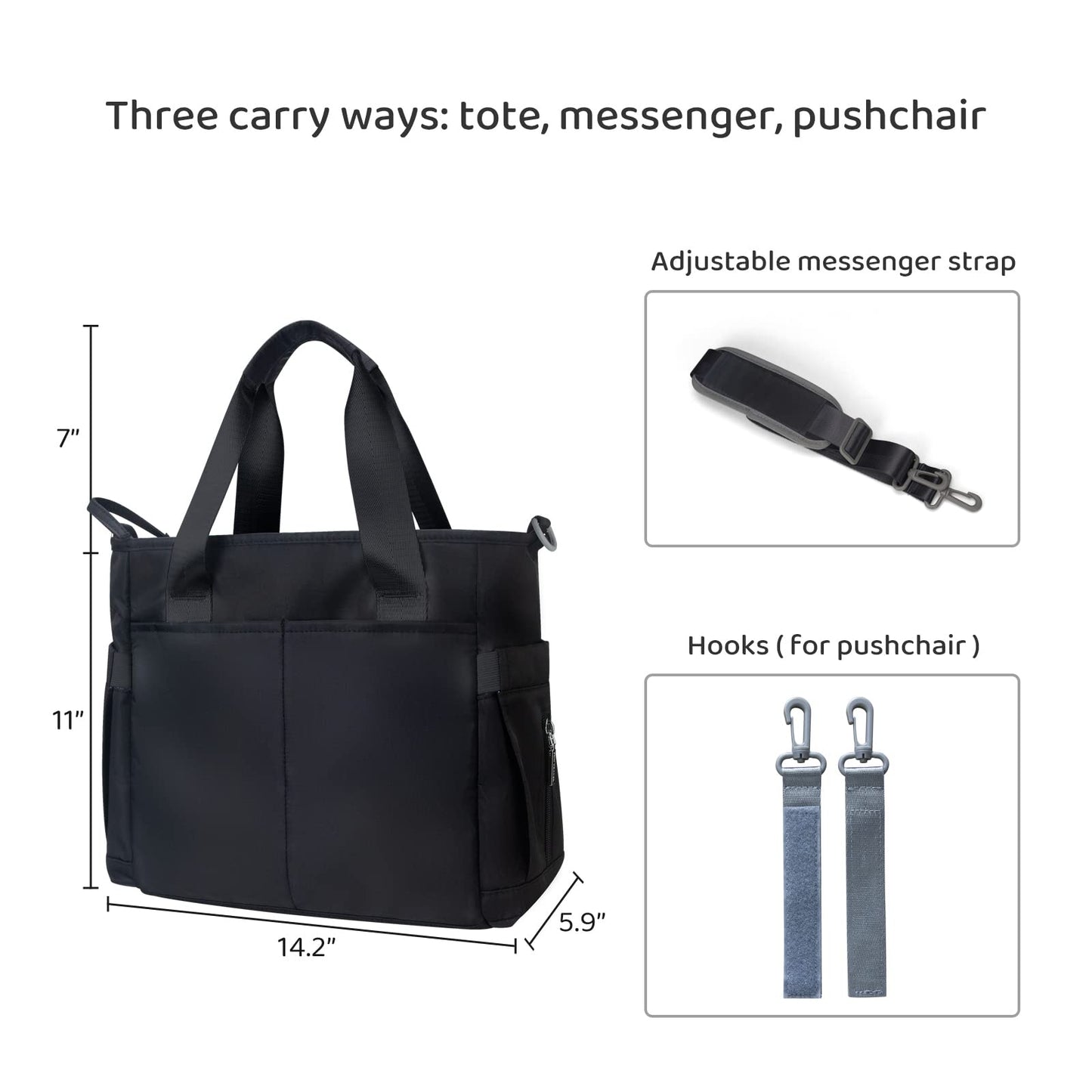 PHEBEN - Bolsa de pañales impermeable para bebé con mensajero para mamá y papá, multifuncional, tamaño mediano, para viaje (color negro)