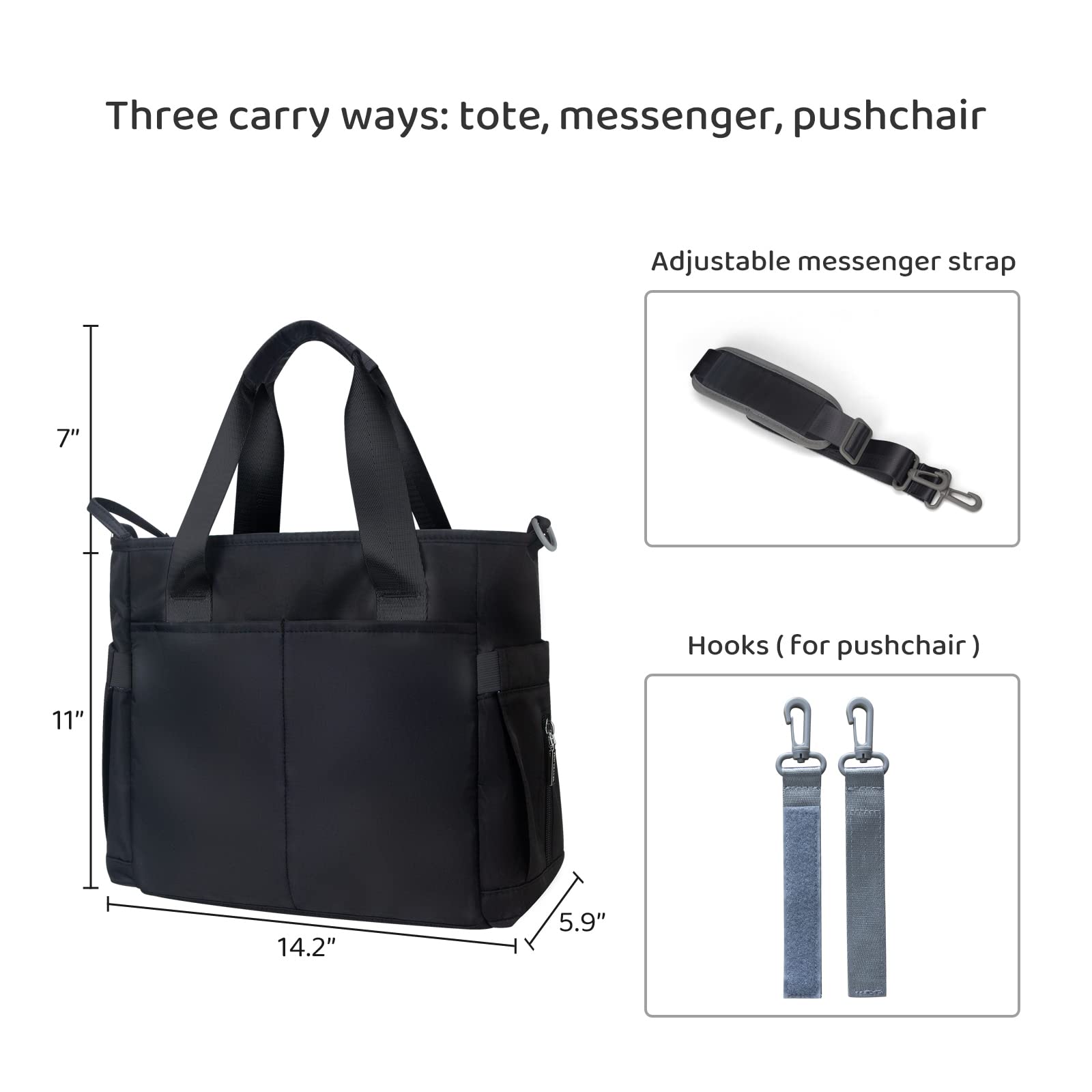 PHEBEN - Bolsa de pañales impermeable para bebé con mensajero para mamá y papá, multifuncional, tamaño mediano, para viaje (color negro)