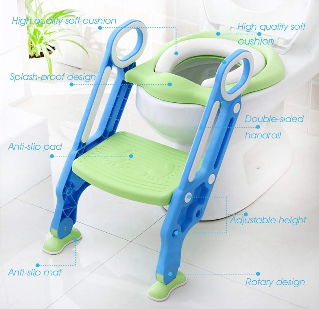 Asiento Entrenador para Inodoro PAPU BABY Verde Azul Acolchonado con Escalera