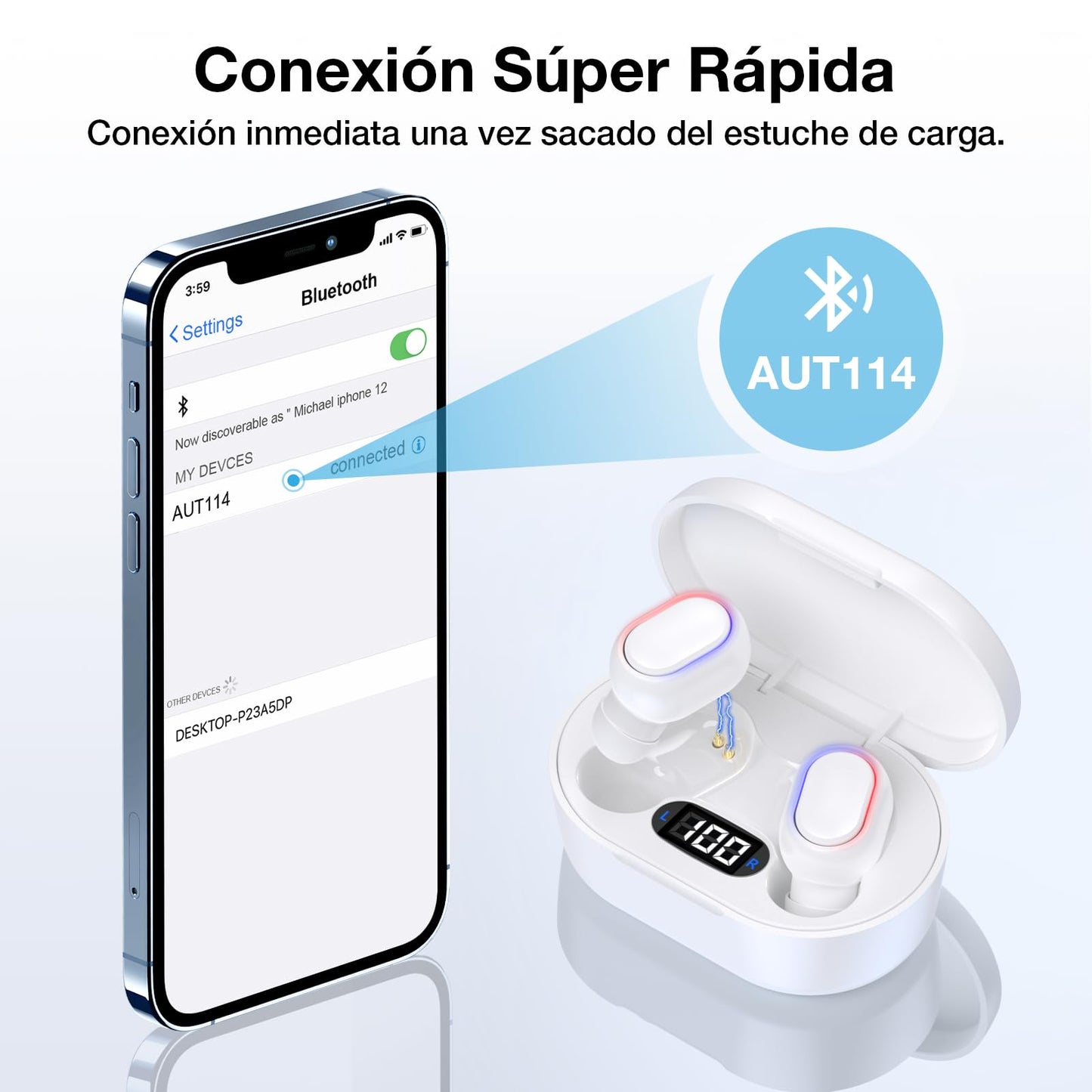 Audífonos Inalámbricos 1 Hora Blanco con Pantalla Digital para Correr y Escuchar Música