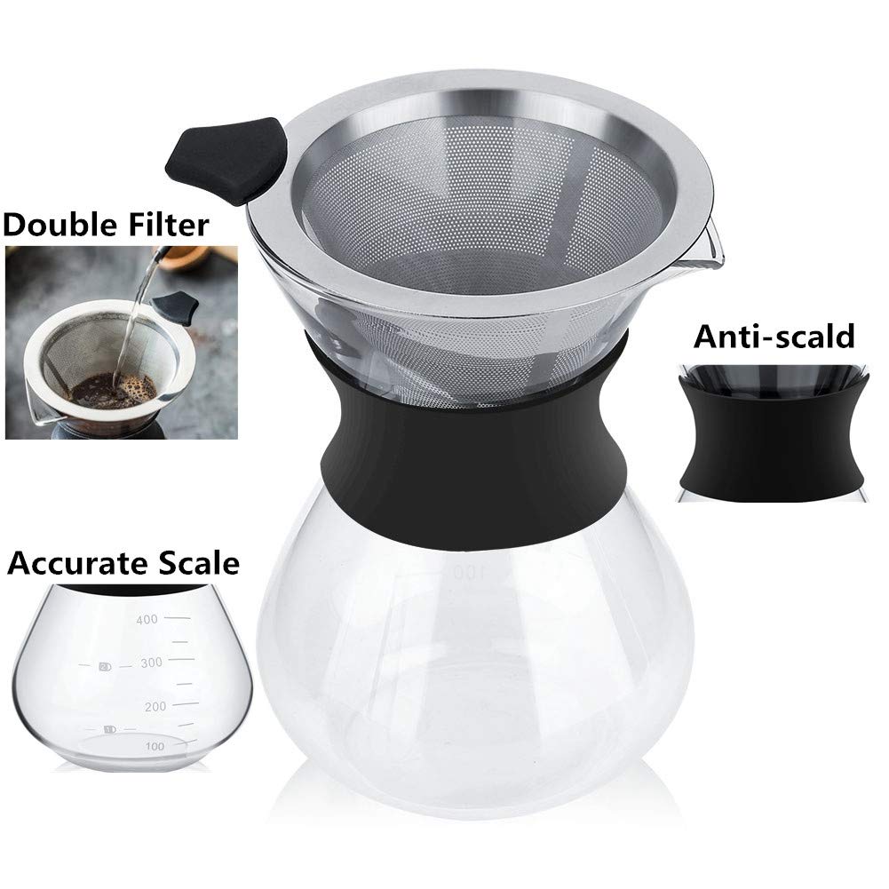 Taza Cafetera de Goteo Manual de Vidrio con Filtro Acero Inoxidable Resistente al Calor