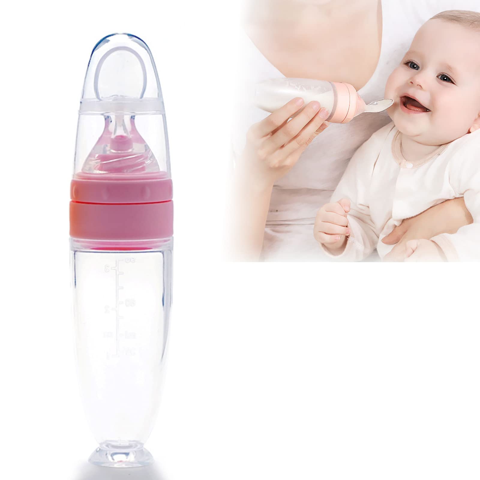Biberón, diseño de ventosa de 90 ml Dispensador de alimentación de alimentos para bebés Cuchara de silicona para dispensar y alimentar alimentos para bebés (Rosado)