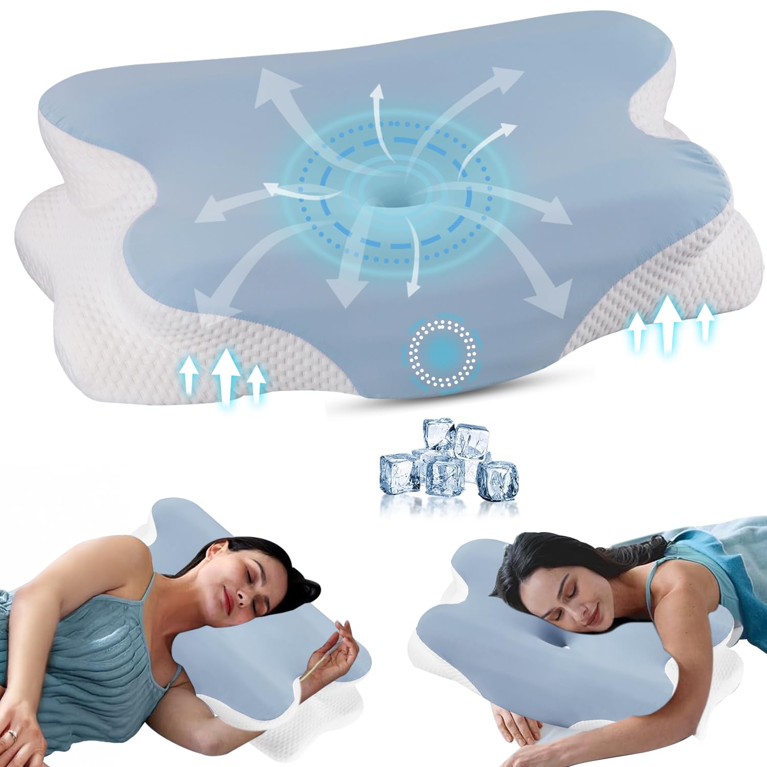 LINGLUCKY Almohada Memory Foam 2en1, Almohada Cervical Ortopédica Ergonómica para Aliviar el Dolor de Cuello,Soporte Ortopédico Contorneado para Personas Que Duermen de Lado,Boca Abajo y Boca Arriba