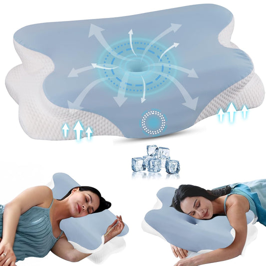 LINGLUCKY Almohada Memory Foam 2en1, Almohada Cervical Ortopédica Ergonómica para Aliviar el Dolor de Cuello,Soporte Ortopédico Contorneado para Personas Que Duermen de Lado,Boca Abajo y Boca Arriba