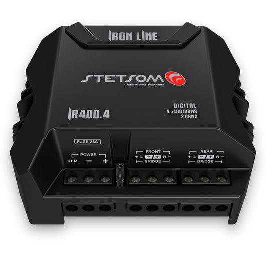 Amplificador Compacto IR400.4 STETSOM 2 Ohms Iron Line para Auto 400W 4 Canales