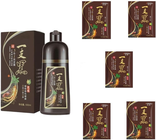 Shampoo Tinte Instantaneo Para Cabello Cubre Canas Natural Jengibre 500Ml - Champú Instant Hair Color Para Teñir El Cabello 3 En 1 Coloración Al Instante Con Hierbas Unisex, Para Hombre y Mujer (Castaño, 650ML)