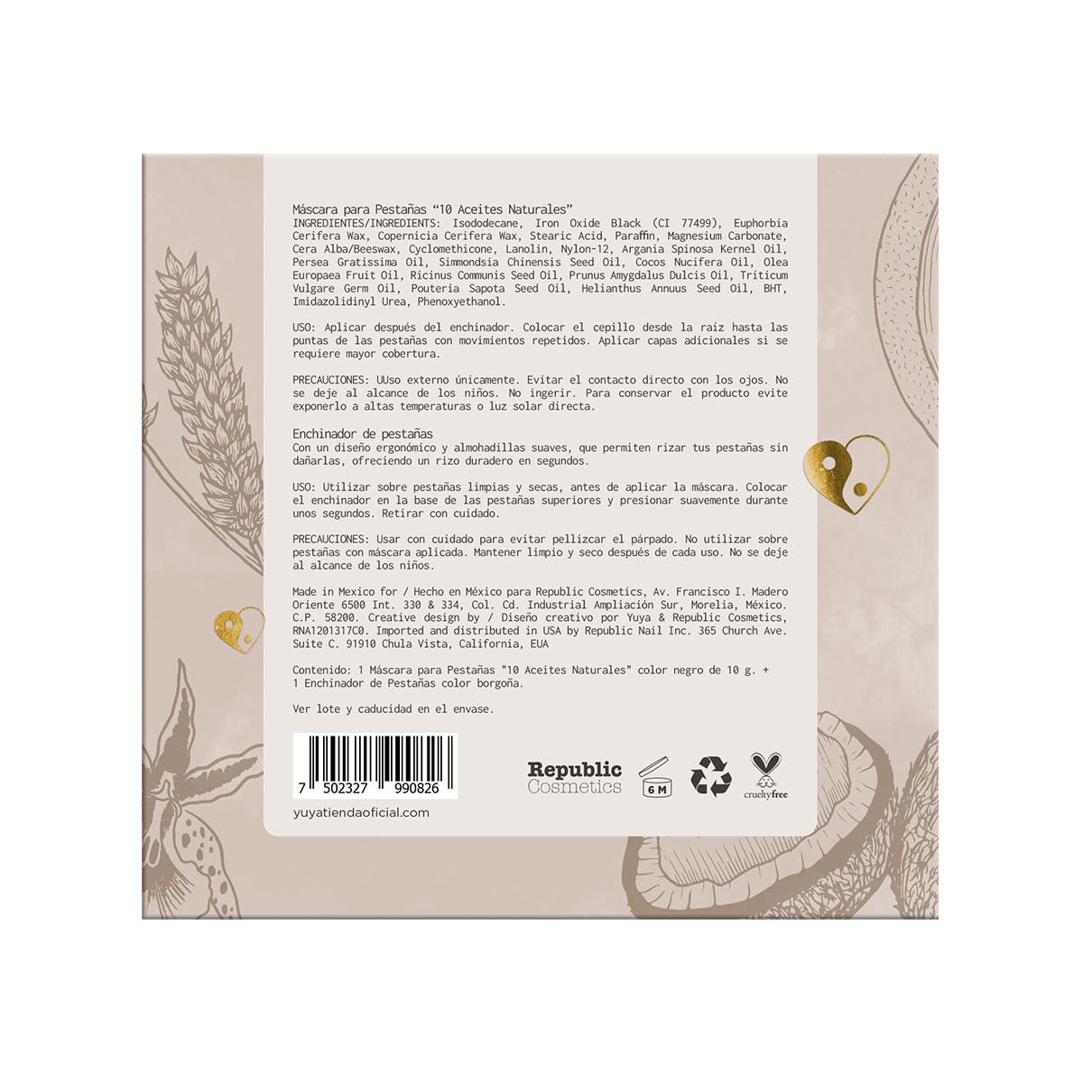 YUYA Luz Cálida - Set Enchinador de Pestañas Borgoña + Máscara 10 Aceites Naturales 10 g | Pestañas Largas, Curvatura Natural, Volumen y Definición | Cepillo de Silicón, Rizado Uniforme, Larga Duración y Acabado Profesional