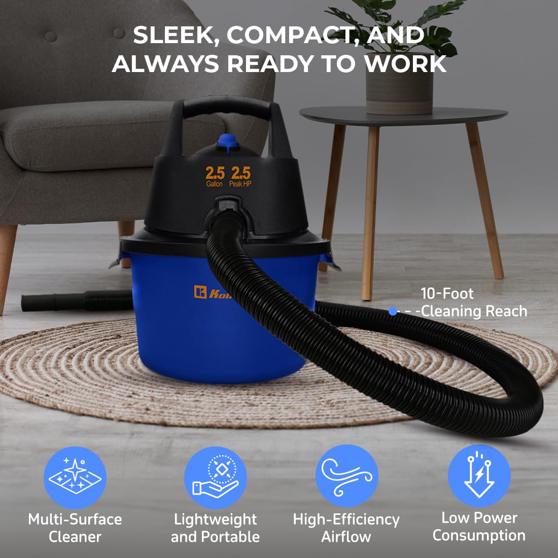 Koblenz WD-2.5 L – Aspiradora Seco Mojado 3 en 1 con Sistema de Expulsión de Aire, 2.5 Galones de Capacidad y Motor de 2.5 HP, Aspiradora para Auto, Portátil con Soporte de Pared y Cochera, Accesorios