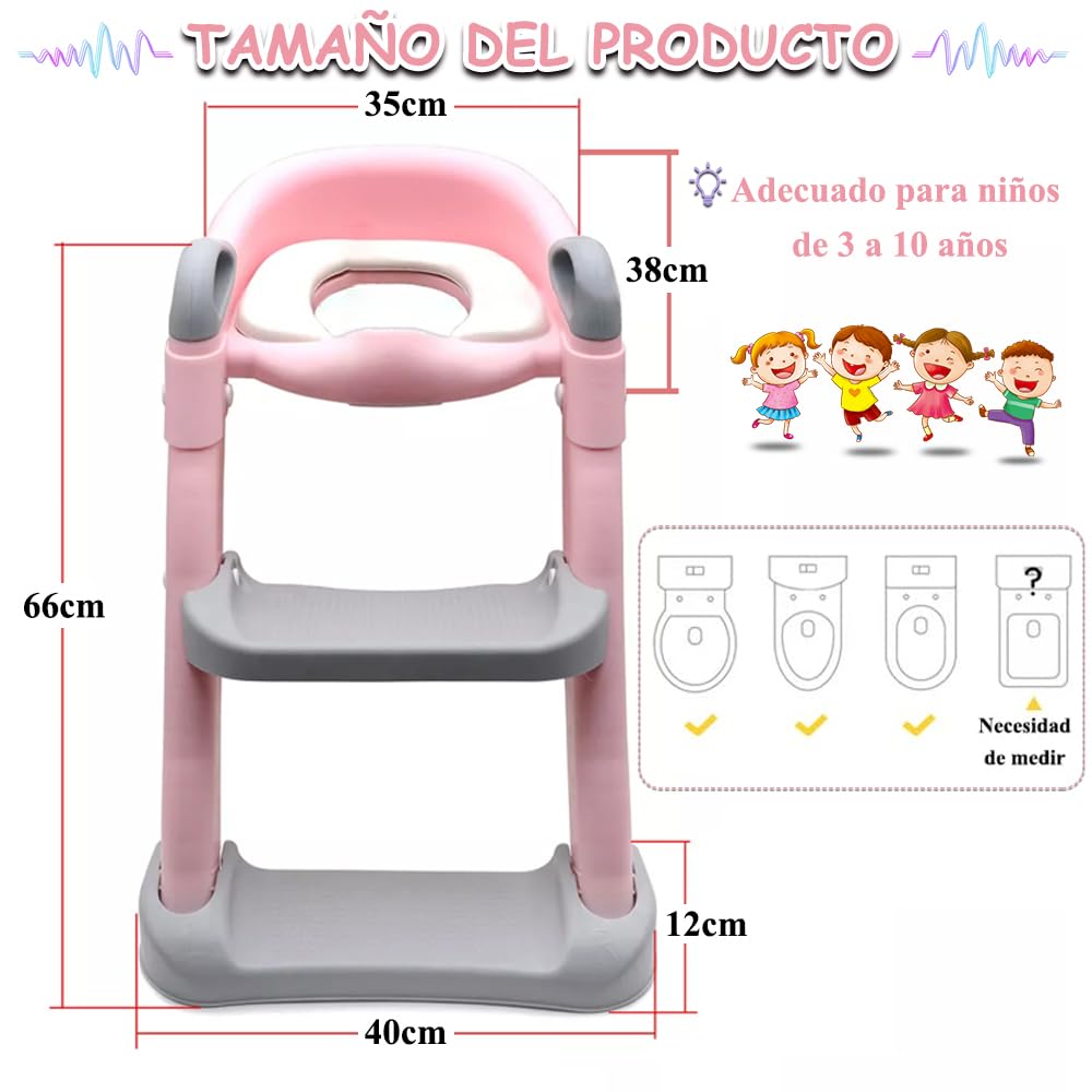 Jiula Asiento Entrenador para Baño con Escalera Antideslizante, Baño Entrenador Niño, Plegable Escalera para Baño Niños, Fácil de Guardar, Asiento Ergonómico, Edad de 3 a 10 Años, Tapizado, Rosa
