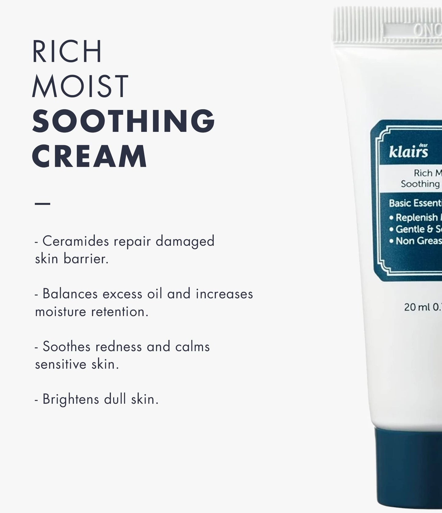 DearKlairs Rich Moist Soothing Cream 20ml, For Sensitive Skin, Hypoallergenic, Centella Asiatica, Ceremide, Moisturizer, full hydration, Protective layer with Beta Glucan, Non-sticky texture, K-beauty