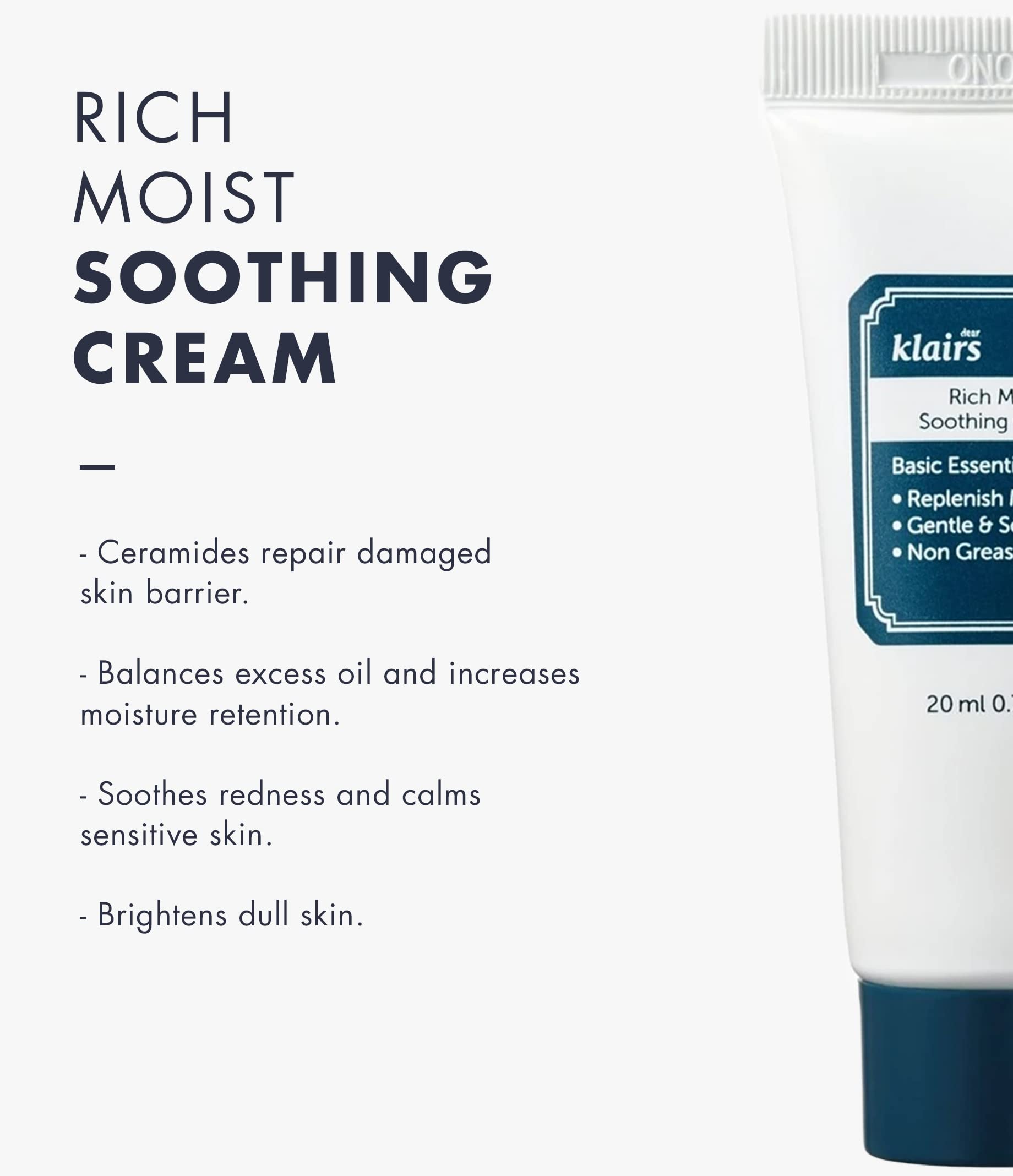 DearKlairs Rich Moist Soothing Cream 20ml, For Sensitive Skin, Hypoallergenic, Centella Asiatica, Ceremide, Moisturizer, full hydration, Protective layer with Beta Glucan, Non-sticky texture, K-beauty