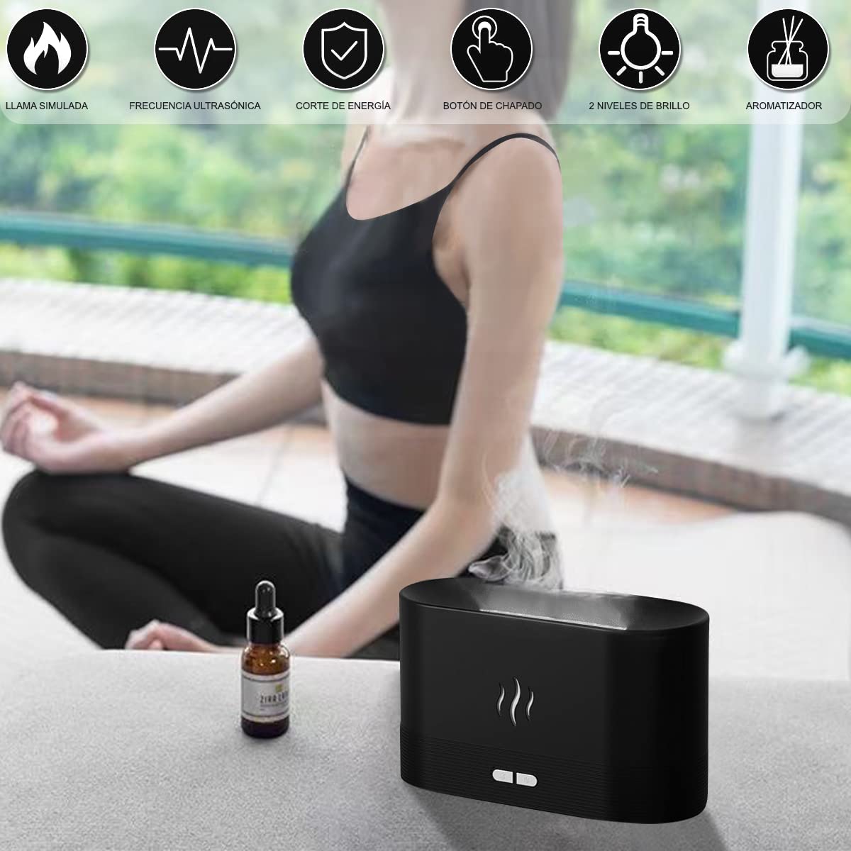 INGEQUIS Difusor de Lámpara Nocturna con Forma de Llamas, 2 Modos de Brillos Ajustables, Humidificación Silenciosa de 180ml, Lámpara Nocturna Decorativa (Negro-Cálido)
