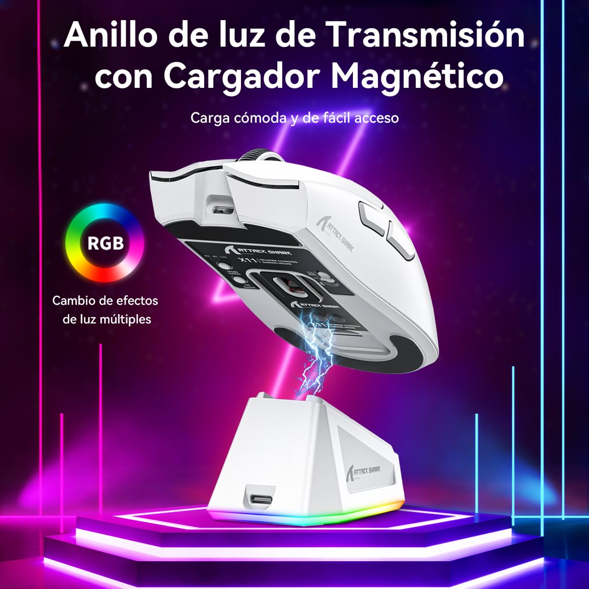 ATTACK SHARK X11 Mouse Inalámbrico con Base de Carga RGB, Mouse Gamer Ultraligero para Juegos, 2.4 GHz/Bluetooth/USB-C de 3 Modos, 24000DPI, 5 Botones programables para PC/Mac