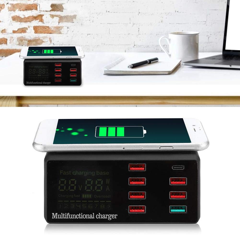 fosa1 Cargador inalámbrico de Pantalla Digital Inteligente, Cargador inalámbrico de Puertos múltiples QC3.0 Hub de estación de Carga de Escritorio con Puerto USB QC3.0(Negro US)