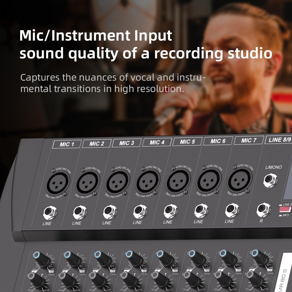 G-MARK MR80S Mezcladora de Audio Profesional 8 Canales, Consola de Audio Mixer con Interfaz USB Bluetooth, Mezcladora Digital de Estudio con Phantom Power de 48V para PC Estéreo Grabación Karoake
