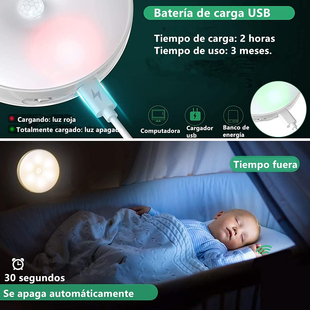 Luces de Noche LED Recargables Adhesivas Blanco Cálido con Sensor de Movimiento Paquete de 6