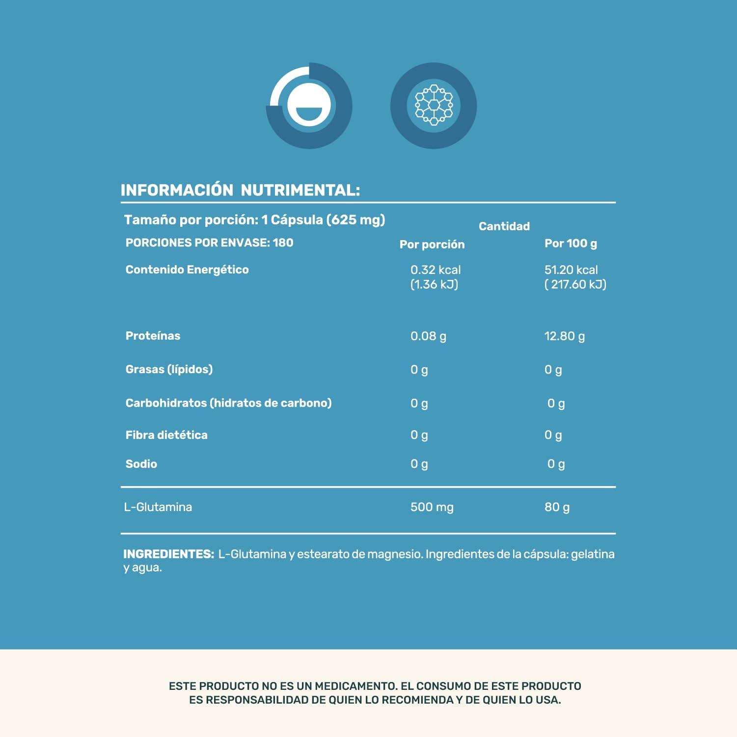 LIFE 360+ Pure Glutamine | 180 Cápsulas | L-Glutamina, Estearato de Magnesio | Suplemento Alimenticio en cápsulas a base de L-Glutamina | Cápsulas de Gelatina | Contenido total 180 porciones