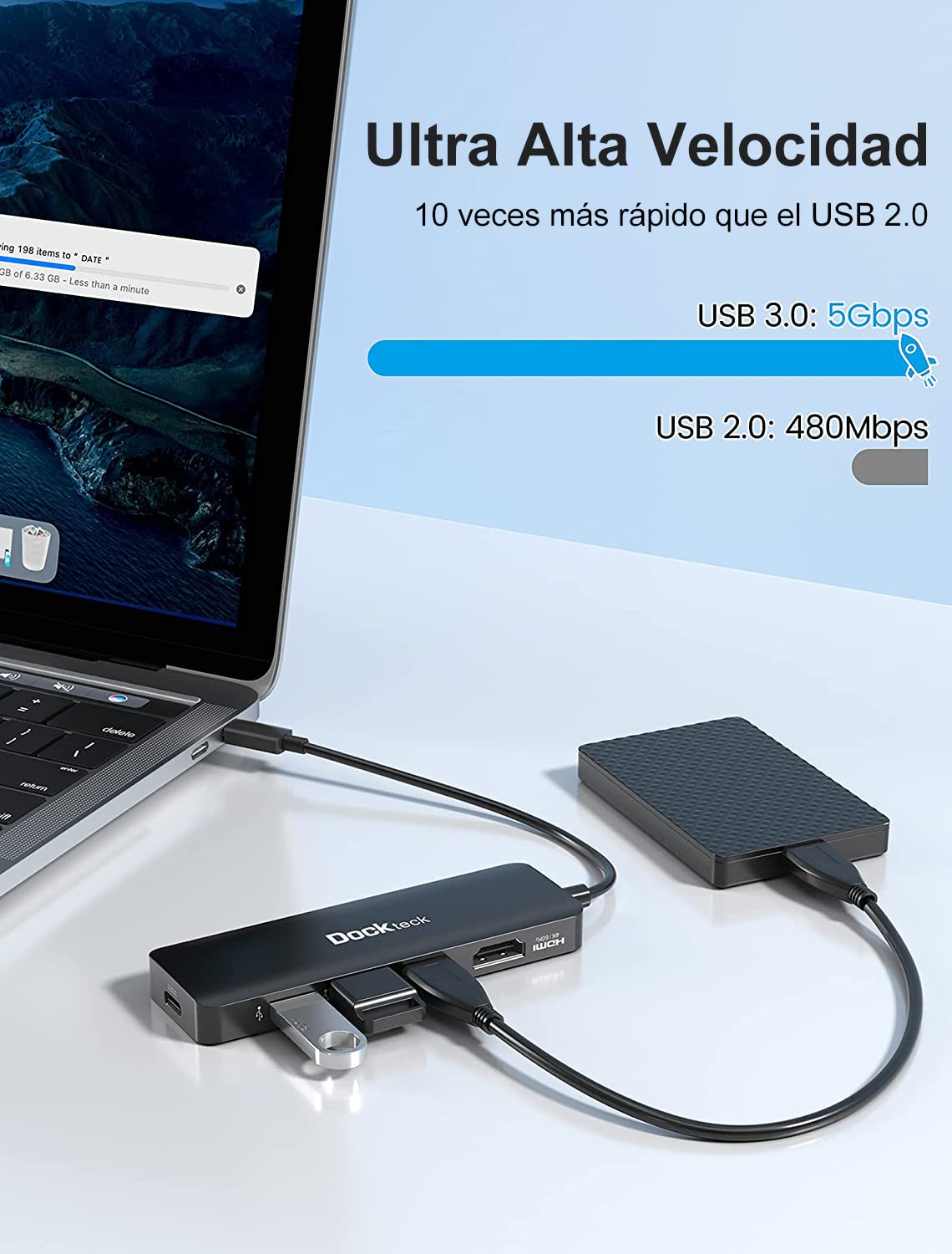 dockteck Hub USB C 4K 60Hz, Adaptador multipuerto USB C 5 en 1 con HDMI 4K, Suministro de energía de 100 W, 3 Puertos de Datos USB 3.0 para MacBook Pro/Air M1 2020, iPad Pro 2021, Surface Pro