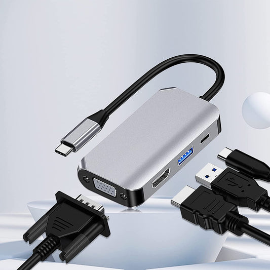Autbye Adaptador USB C a HDMI y VGA, 4 en 1 USB 3.0 Hub con 4K HDMI, Cable USB C a HDMI, Tipo-c a HDMI/VGA/USB / 60W PD Convertidor de Vídeo Multipantalla - Escritorio, Portátil, Proyector