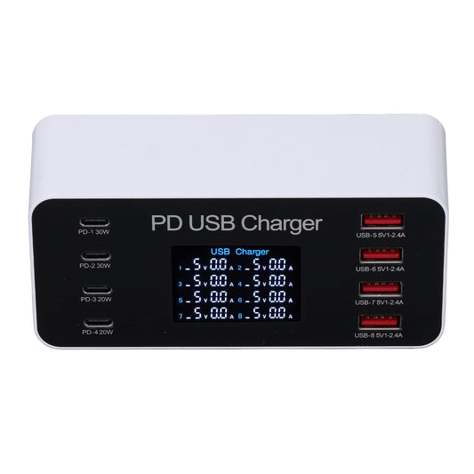 ciciglow Cargador USB, Estación de Carga USB de 8 Puertos de 65 W, Cargador de Concentrador USB Multipuerto, Pantalla LCD de Tamaño Compacto, Compatible con Auriculares Bluetooth para