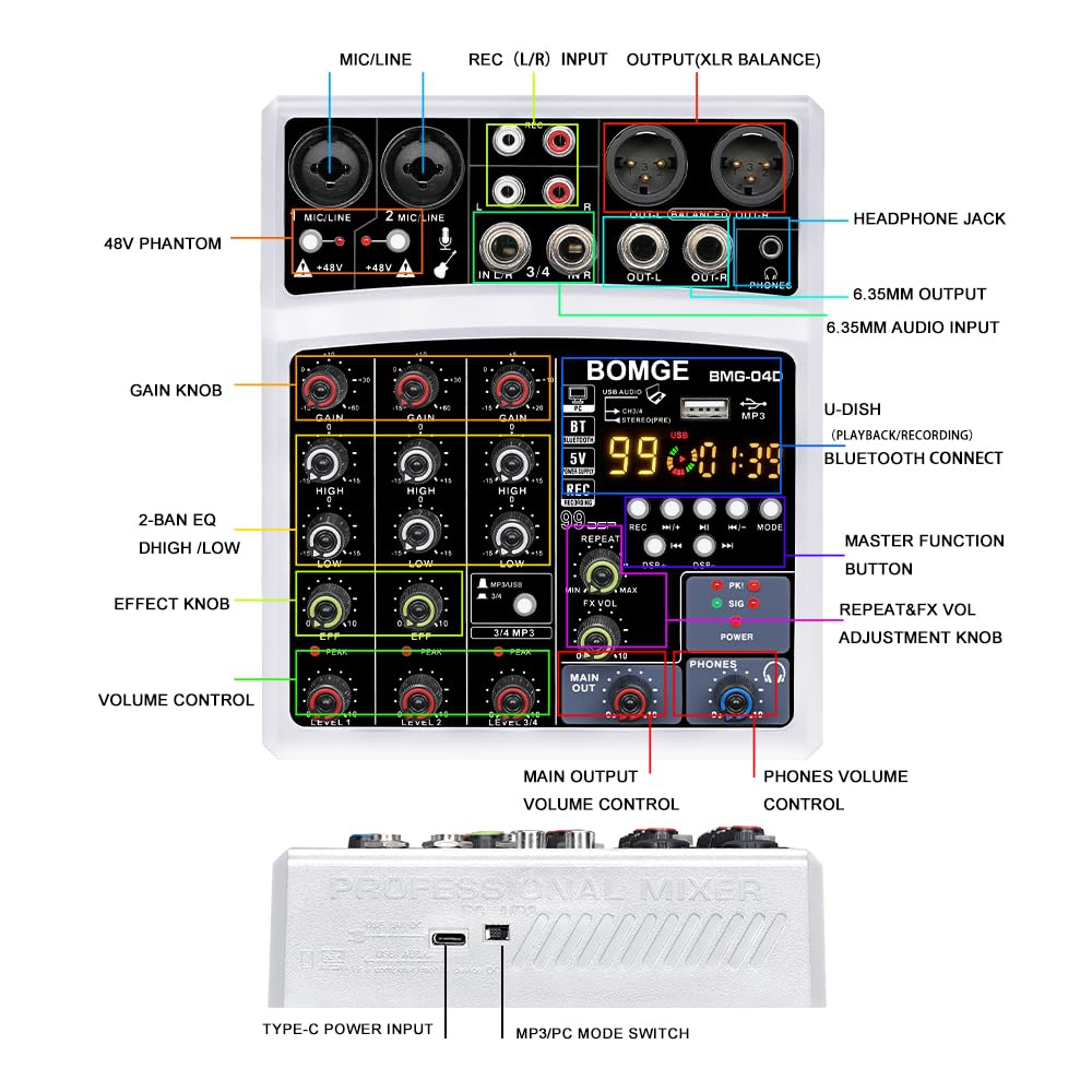 BOMGE - Mini mezclador de audio Bluetooth de 4 canales con procesador 99DSP, interfaz USB, grabación estéreo, alimentación fantasma de 48 V para PC, teléfono (blanco)