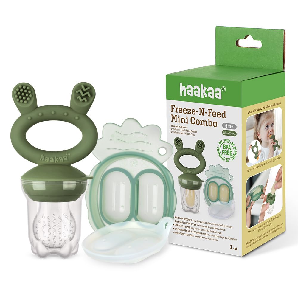 Haakaa Freeze-N-Feed Mini Combo con alimentador de alimentos de silicona y mini bandeja de silicona para picar | Auto-alimentador de alimentos sólidos para bebés | Molde para paletas de leche materna