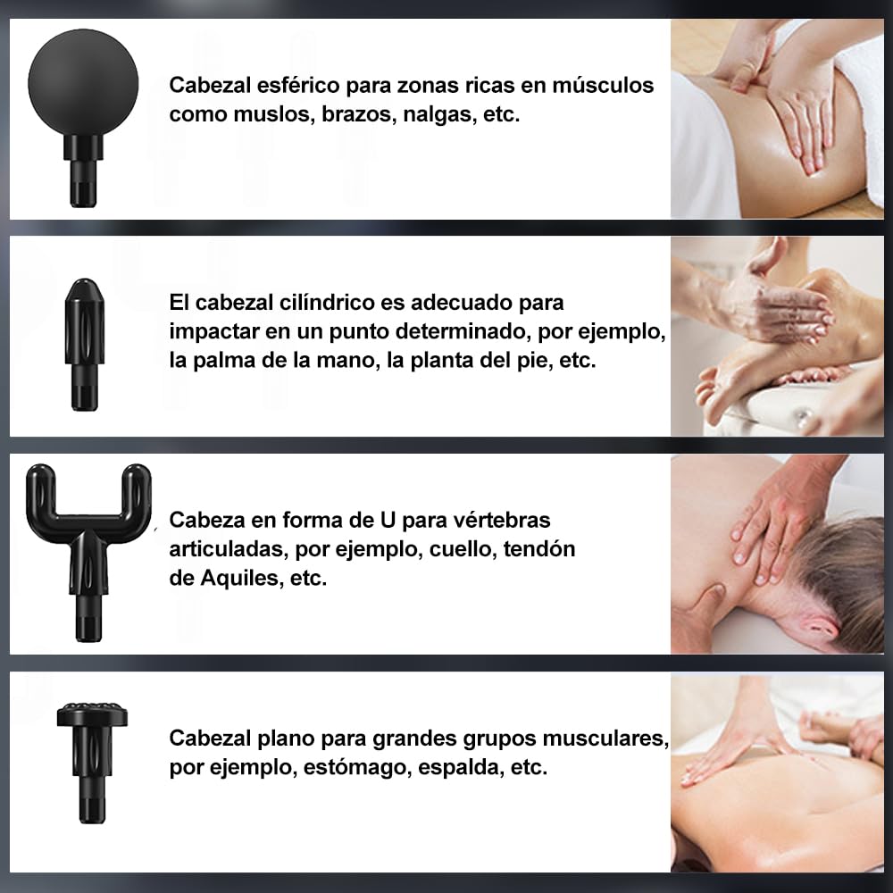Pistola De Masaje Eléctrico Muscular Masajeador 4 Cabezales de Masaje para Relajar Los Músculos Aliviar el Dolor Para Musculos Ligamentos y Tejidos Masaje Profesional (Negro)