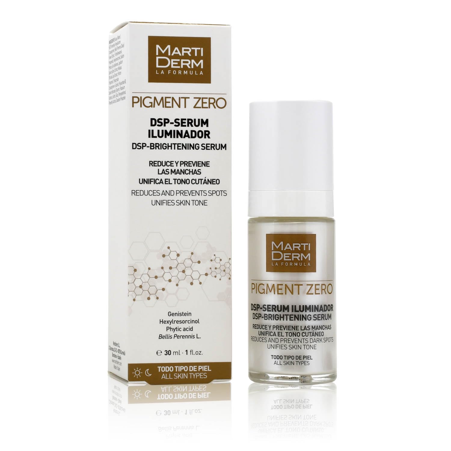 MartiDerm Pigment Zero DSP Sérum facial iluminador despigmentante Suero facial previene y reduce las primeras manchas. Hexilresorcinol + Genisteína + Ácido fítico - 30 Ml