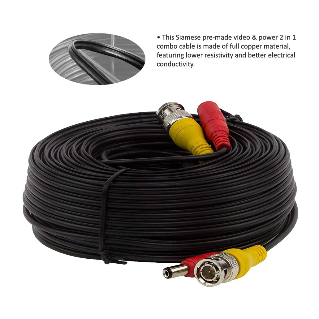 InstallerCCTV BNC Cable de alimentación de video de 60 pies todo en uno HD-TVI HD-CVI AHD analógico 1080p Negro Cable de alimentación prefabricado con conectores para cámaras de seguridad CCTV, color